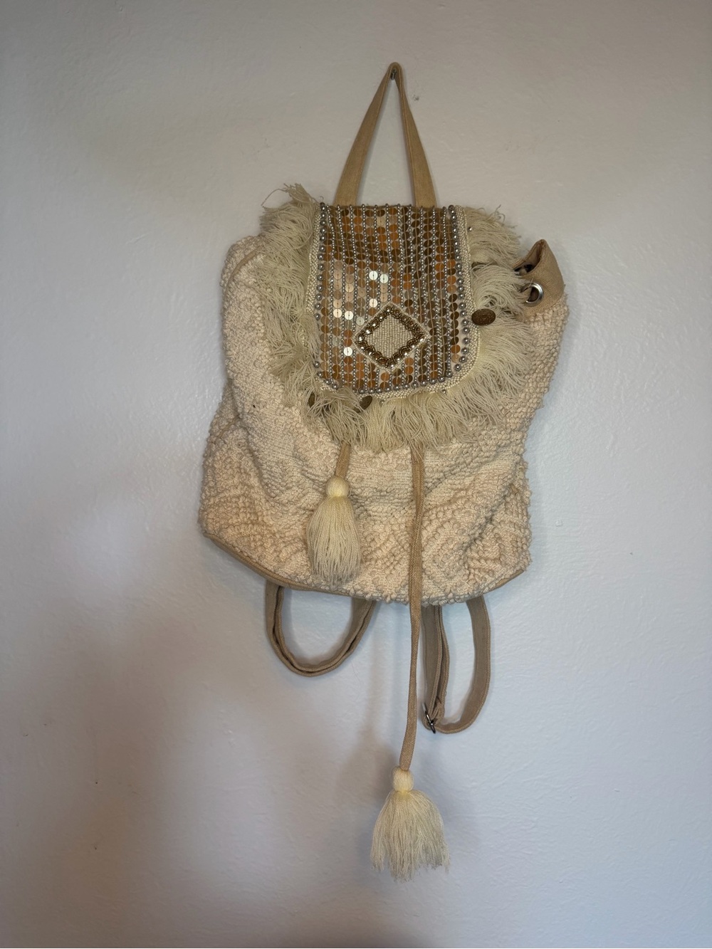 America & Beyond Beaded Fringe Cream Women’s Backpack - Boho Chic